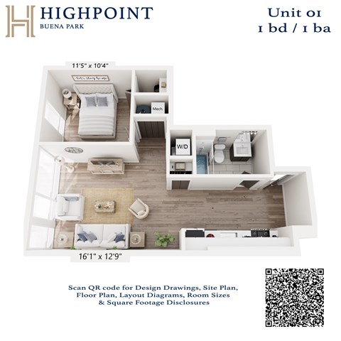 Floor plan for 1 bed, 1 bath, 691 sqft